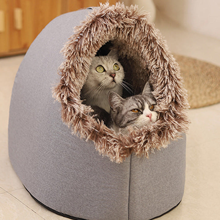 Covered Cave Pet Bed with Faux Fur Trim Set of 3 Dark Gray 1