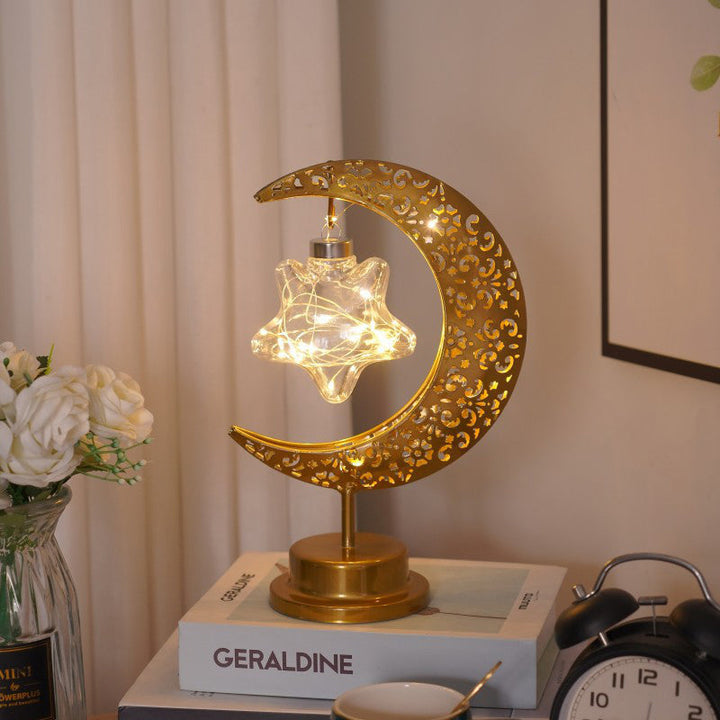 Crescent Moon Table Lamp Gold Metal 11 Inch Battery Powered Clear Star 1
