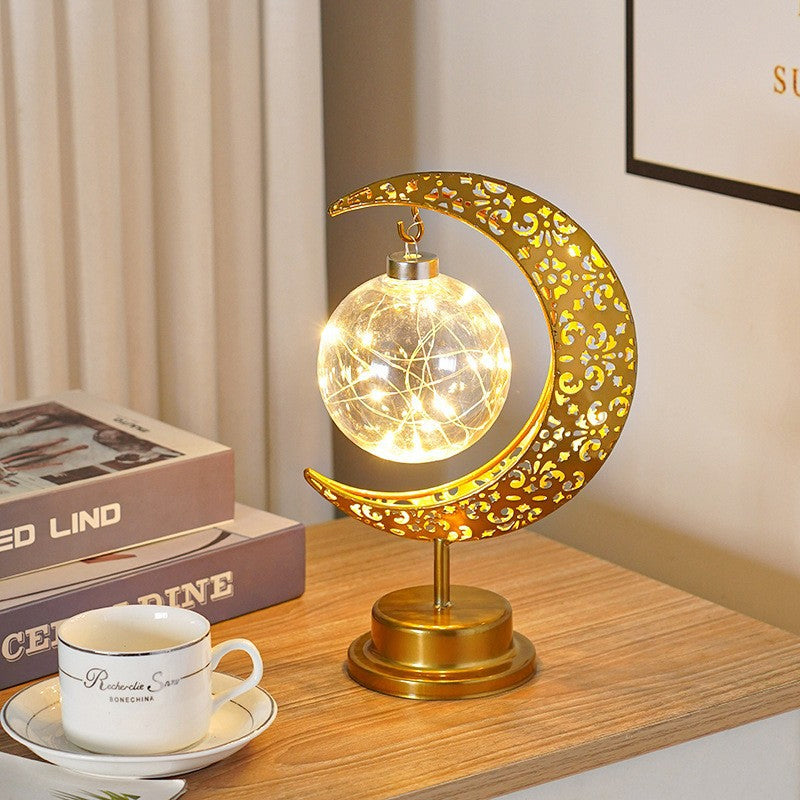 Crescent Moon Table Lamp Gold Metal 11 Inch Battery Powered Globe 1