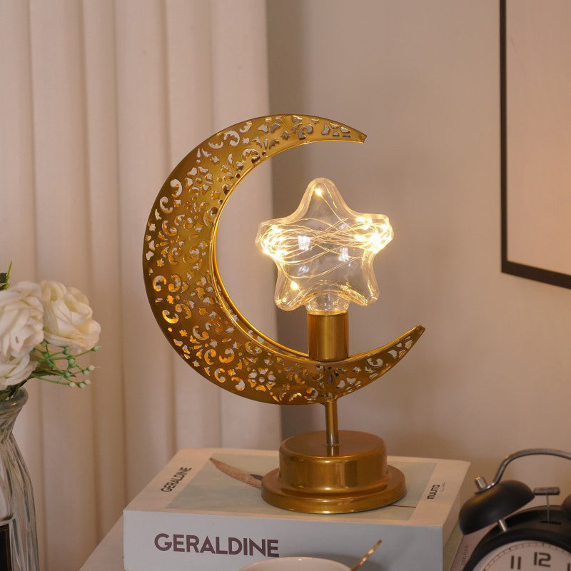Crescent Moon Table Lamp Gold Metal 11 Inch Battery Powered Star Bulb 1