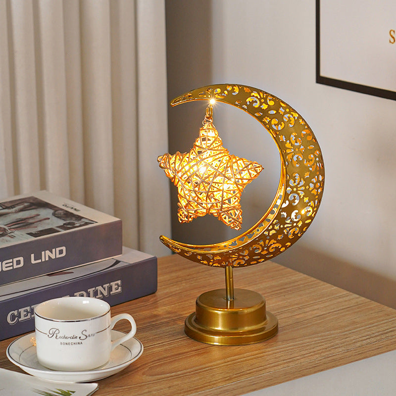 Crescent Moon Table Lamp Gold Metal 11 Inch Battery Powered Woven Star 1