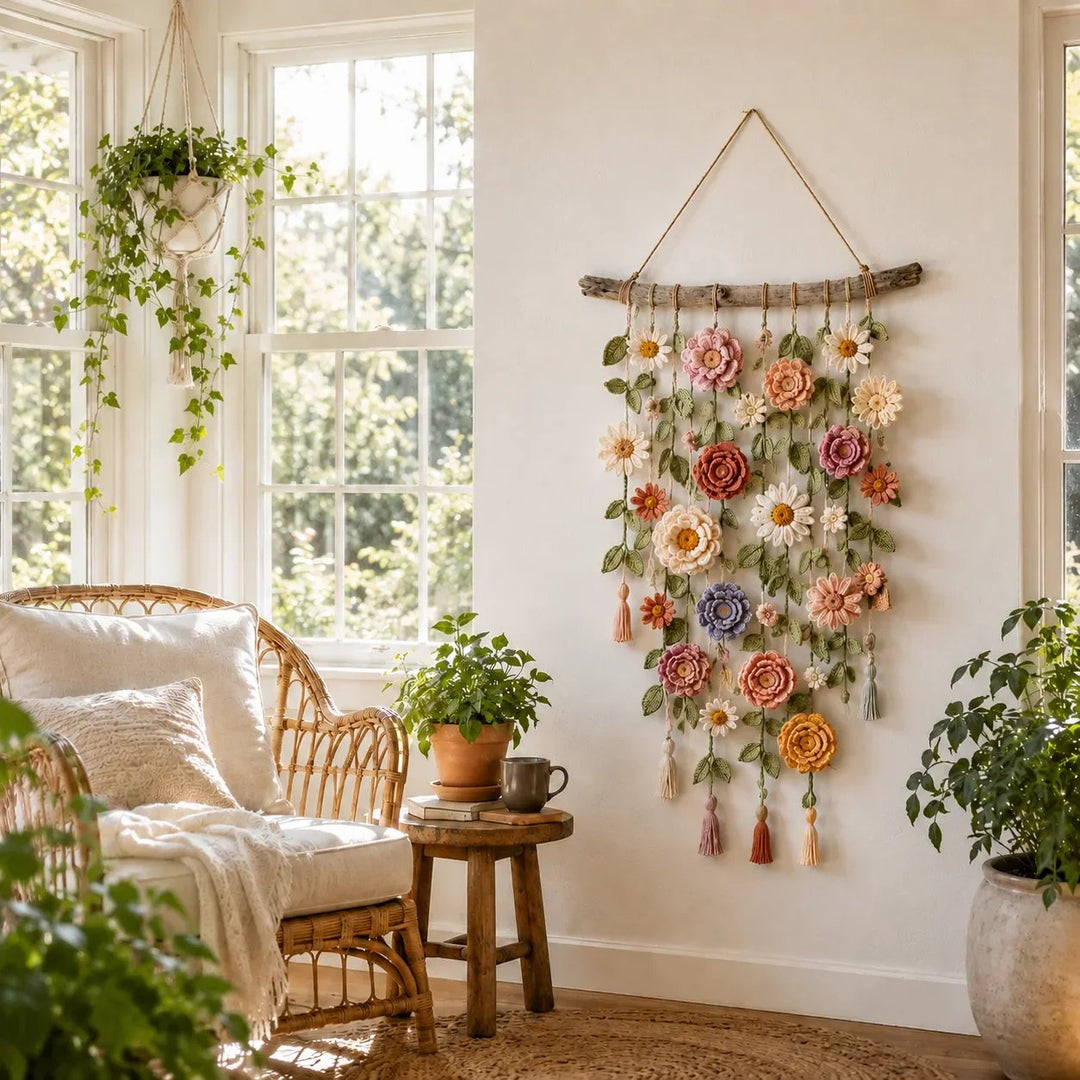Crochet Flower Wall Hanging Boho 30 x 20 Inch 4