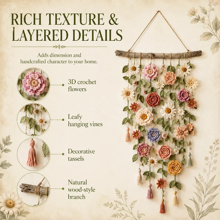 Crochet Flower Wall Hanging Boho 30 x 20 Inch 7