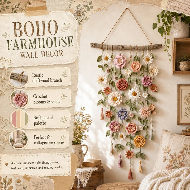 Crochet Flower Wall Hanging Boho 30 x 20 Inch 9