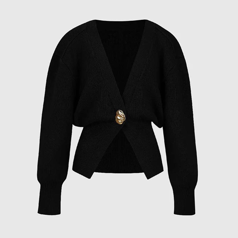 Cropped Knit Cardigan Deep V Neck One Button Black 1