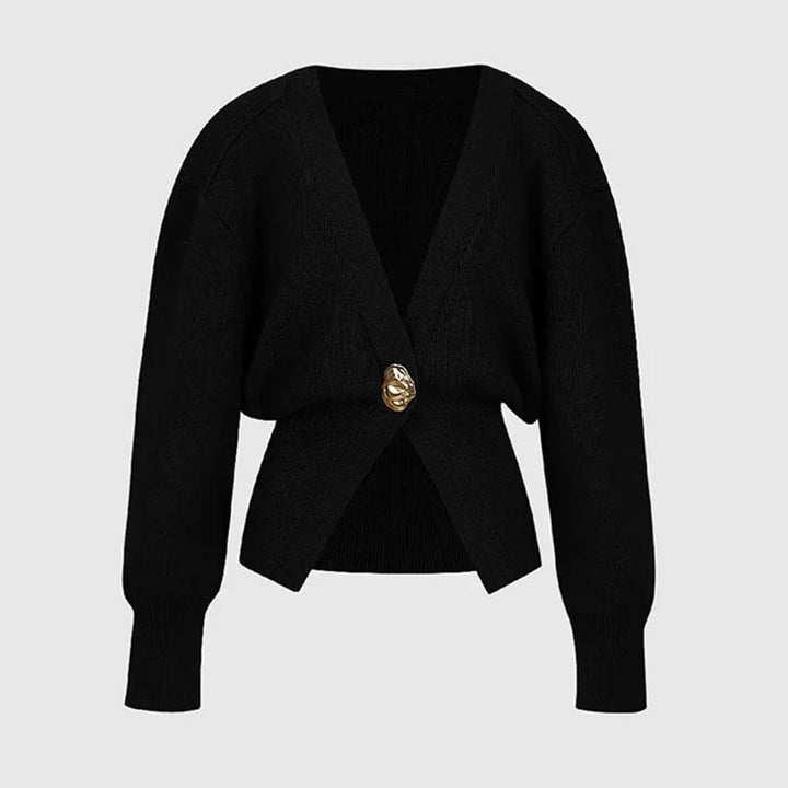 Cropped Knit Cardigan Deep V Neck One Button Black 1