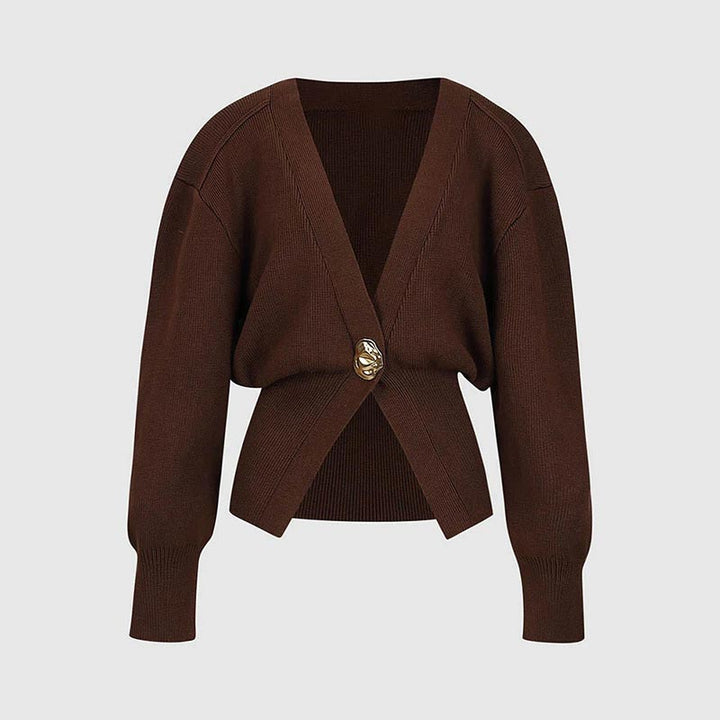 Cropped Knit Cardigan Deep V Neck One Button Brown 1