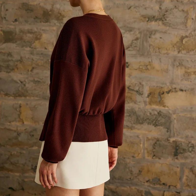 Cropped Knit Cardigan Deep V Neck One Button Brown 3