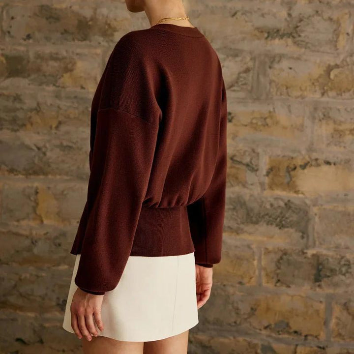 Cropped Knit Cardigan Deep V Neck One Button Brown 3