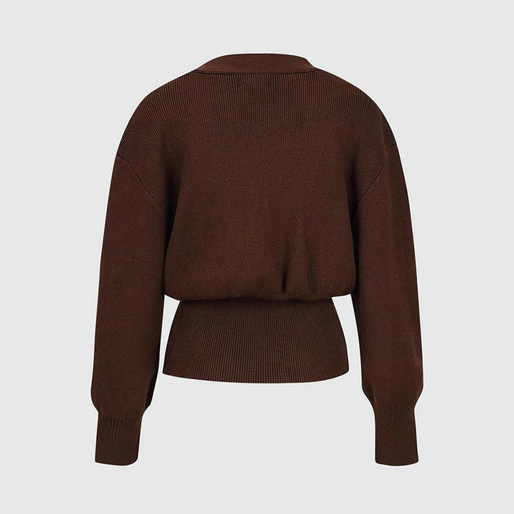Cropped Knit Cardigan Deep V Neck One Button Brown 4