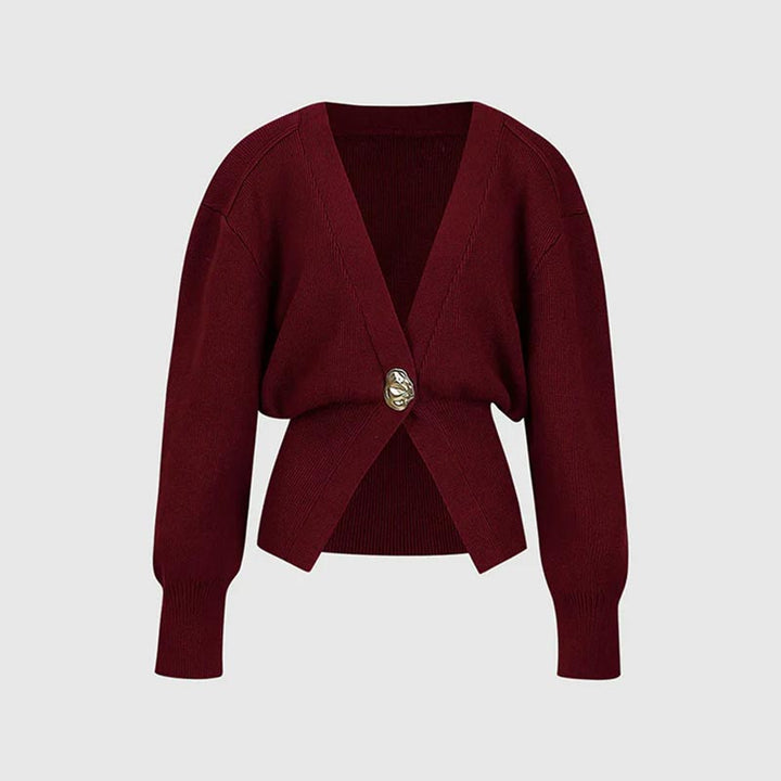 Cropped Knit Cardigan Deep V Neck One Button Burgundy 1