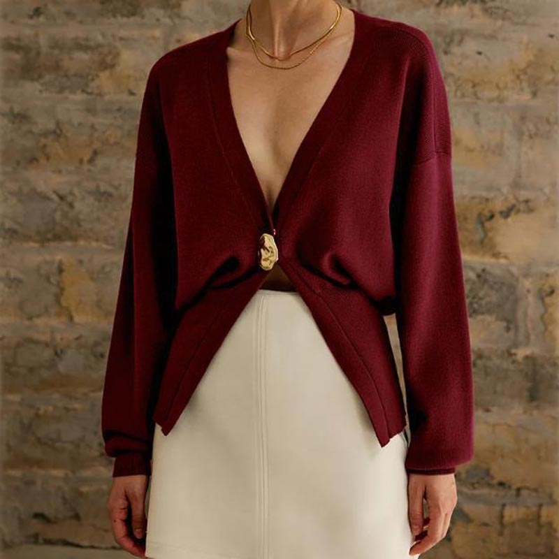 Cropped Knit Cardigan Deep V Neck One Button Burgundy 2