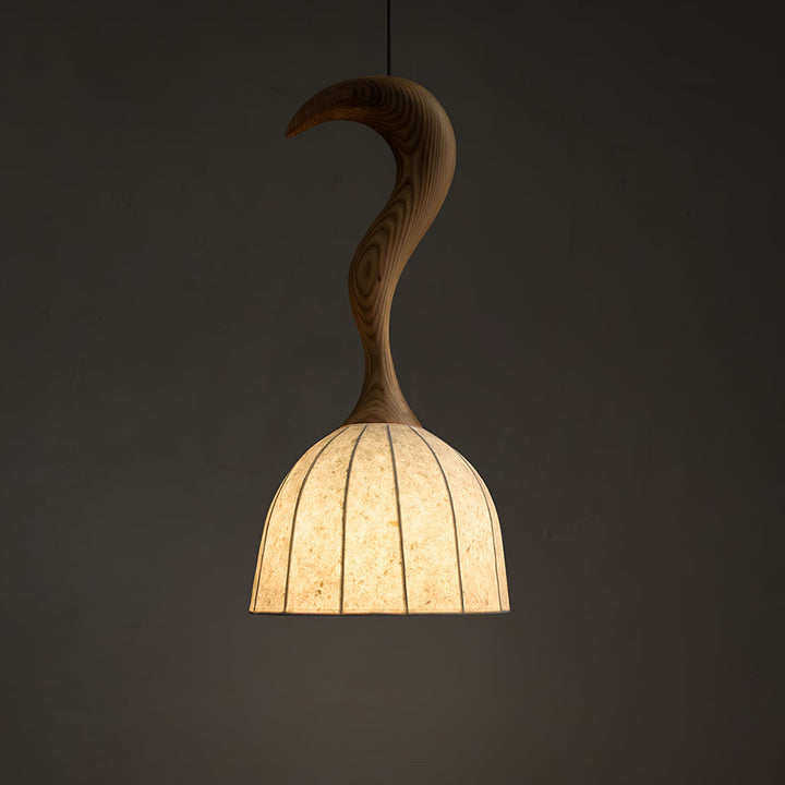 Curved Wood Stem Pendant Light Ribbed Fabric Shade 9.1 in Set of 2 1