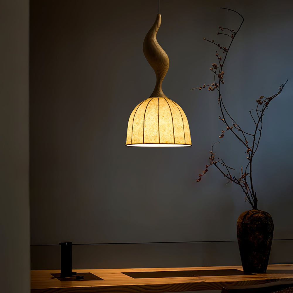 Curved Wood Stem Pendant Light Ribbed Fabric Shade 9.1 in Set of 2 2