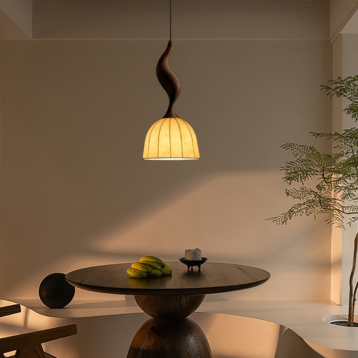 Curved Wood Stem Pendant Light Ribbed Fabric Shade 9.1 in Set of 2 3