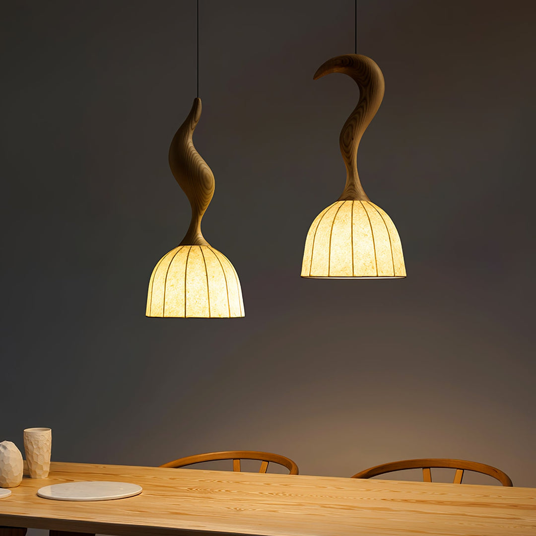 Curved Wood Stem Pendant Light Ribbed Fabric Shade 9.1 in Set of 2 4