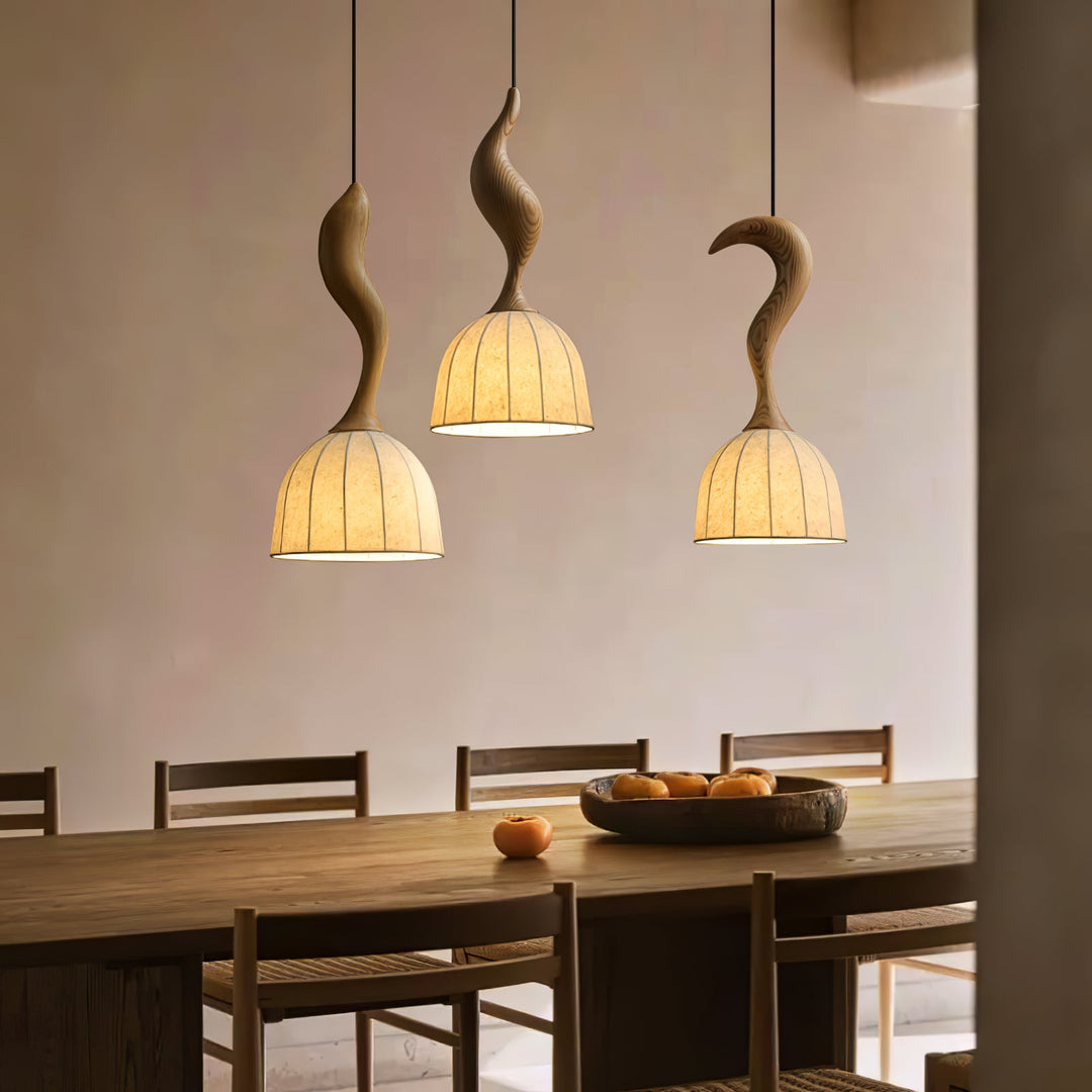 Curved Wood Stem Pendant Light Ribbed Fabric Shade 9.1 in Set of 2 5