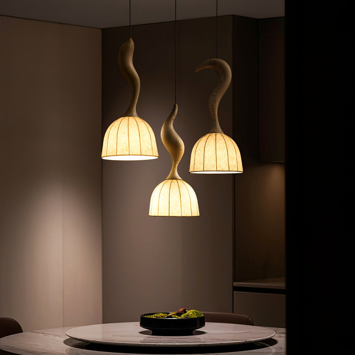 Curved Wood Stem Pendant Light Ribbed Fabric Shade 9.1 in Set of 2 6
