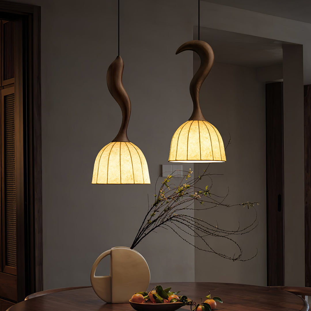 Curved Wood Stem Pendant Light Ribbed Fabric Shade 9.1 in Set of 2 7