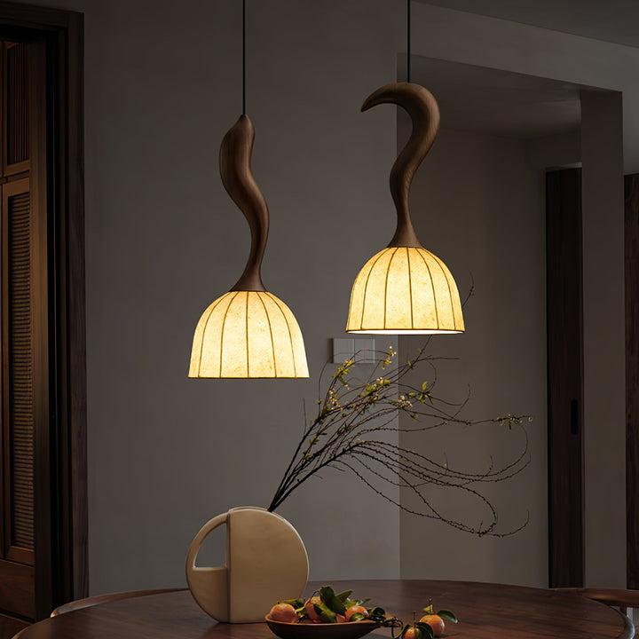 Curved Wood Stem Pendant Light Ribbed Fabric Shade 9.1 in Set of 2 7
