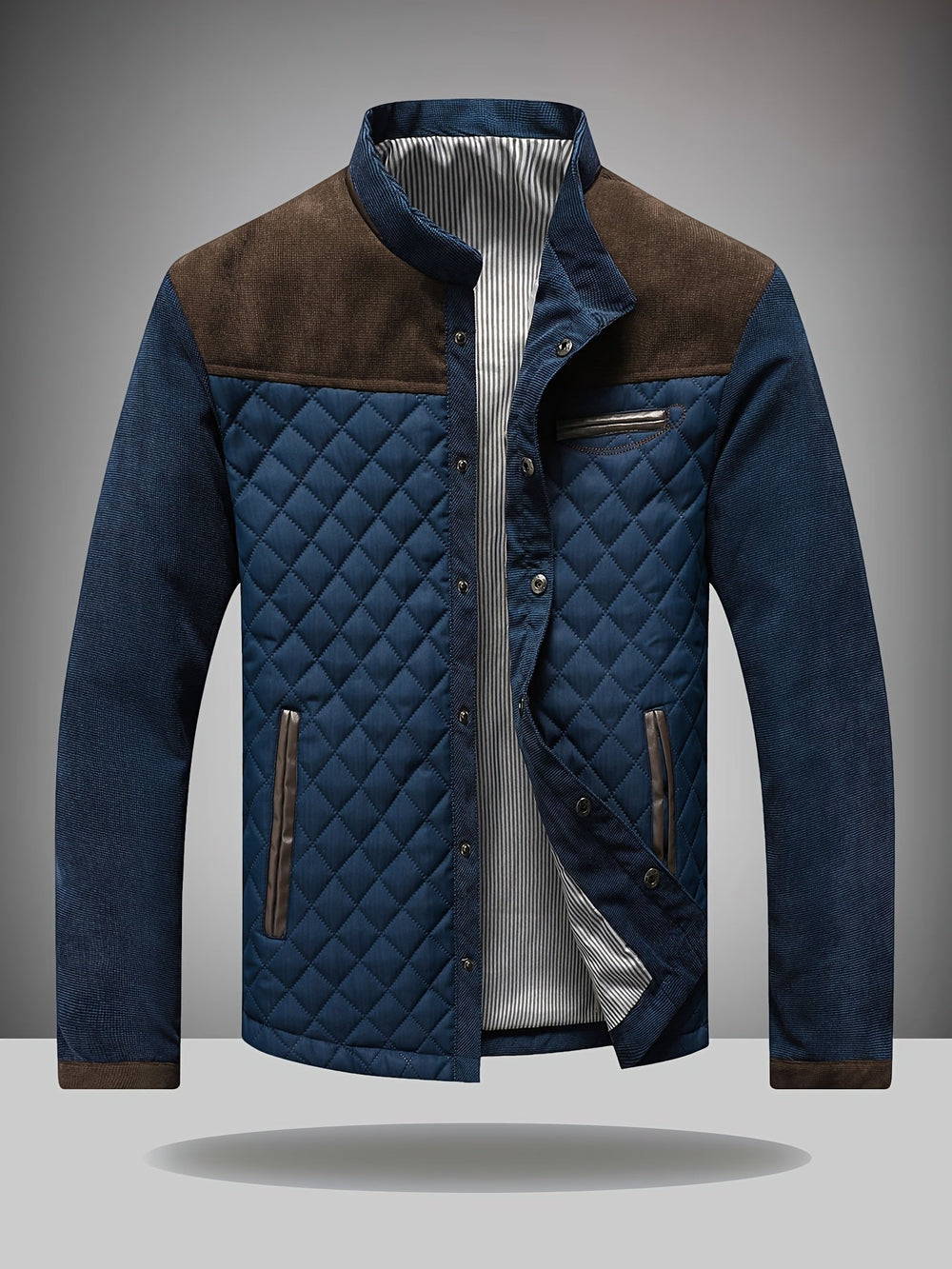 Diamond Quilted Stand Collar Jacket with Corduroy Yoke Navy and Brown 1
