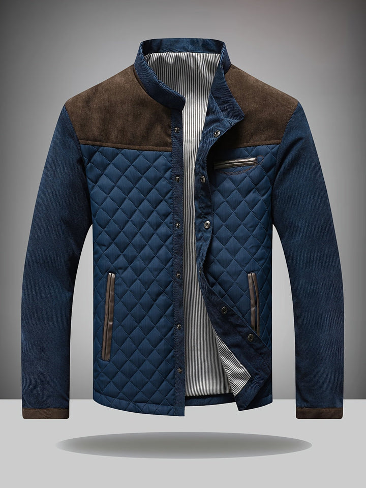 Diamond Quilted Stand Collar Jacket with Corduroy Yoke Navy and Brown 1