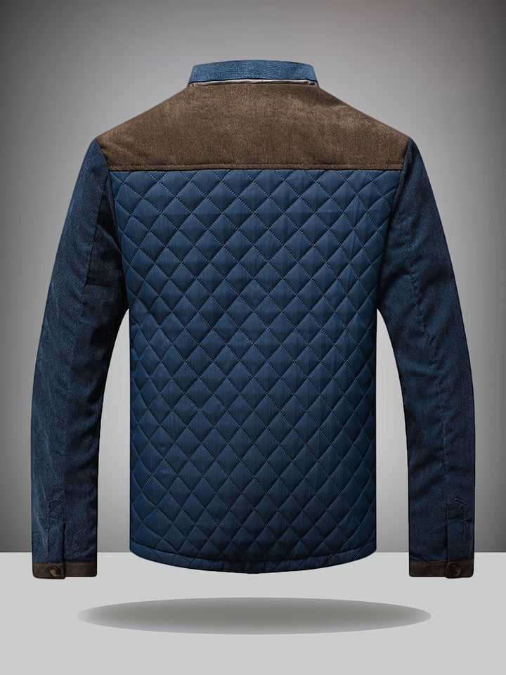 Diamond Quilted Stand Collar Jacket with Corduroy Yoke Navy and Brown 2