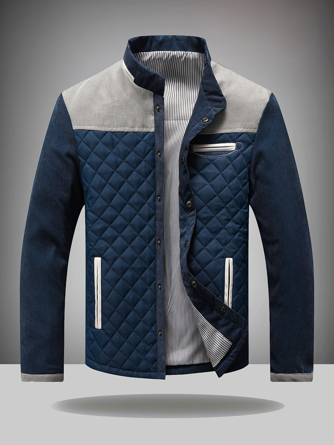 Diamond Quilted Stand Collar Jacket with Corduroy Yoke Navy and Gray 1