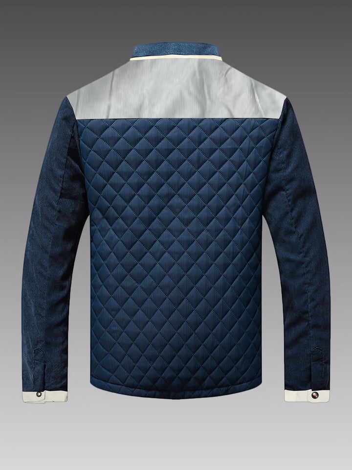 Diamond Quilted Stand Collar Jacket with Corduroy Yoke Navy and Gray 2
