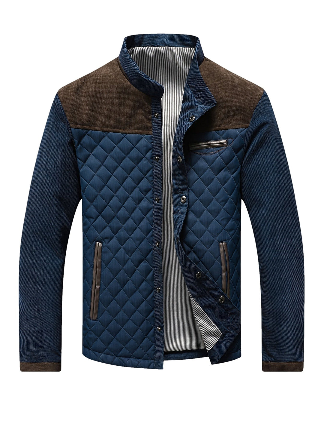 Diamond Quilted Stand Collar Jacket with Corduroy Yoke on white