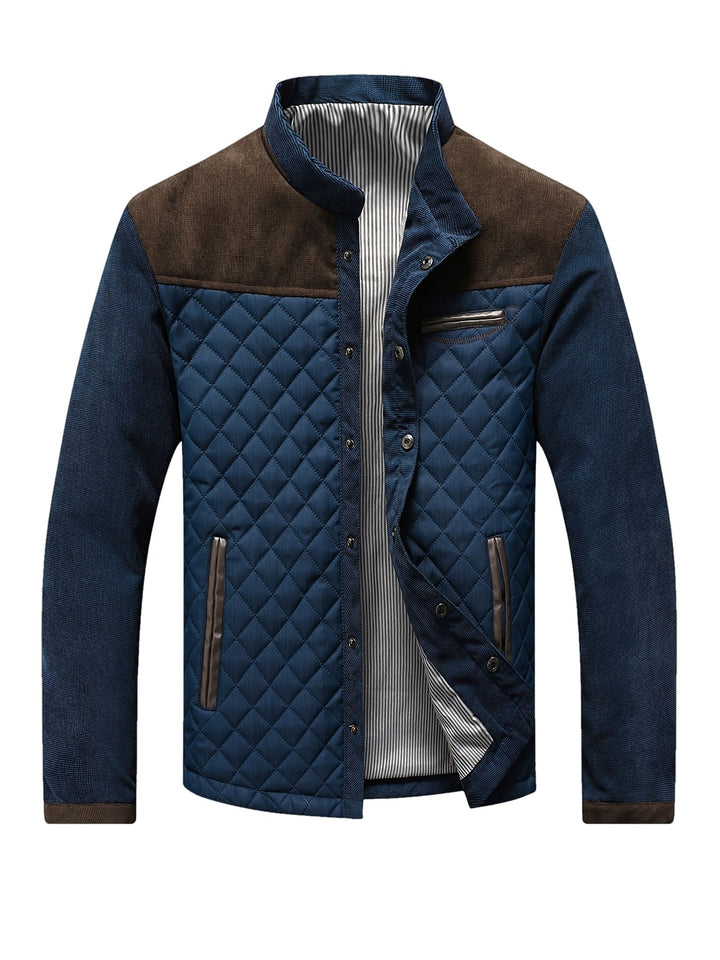 Diamond Quilted Stand Collar Jacket with Corduroy Yoke on white