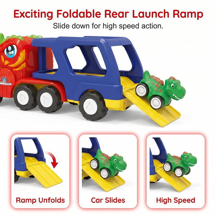 Dinosaur Transport Truck Toy with 6 Pull Back Cars Set of 3 2