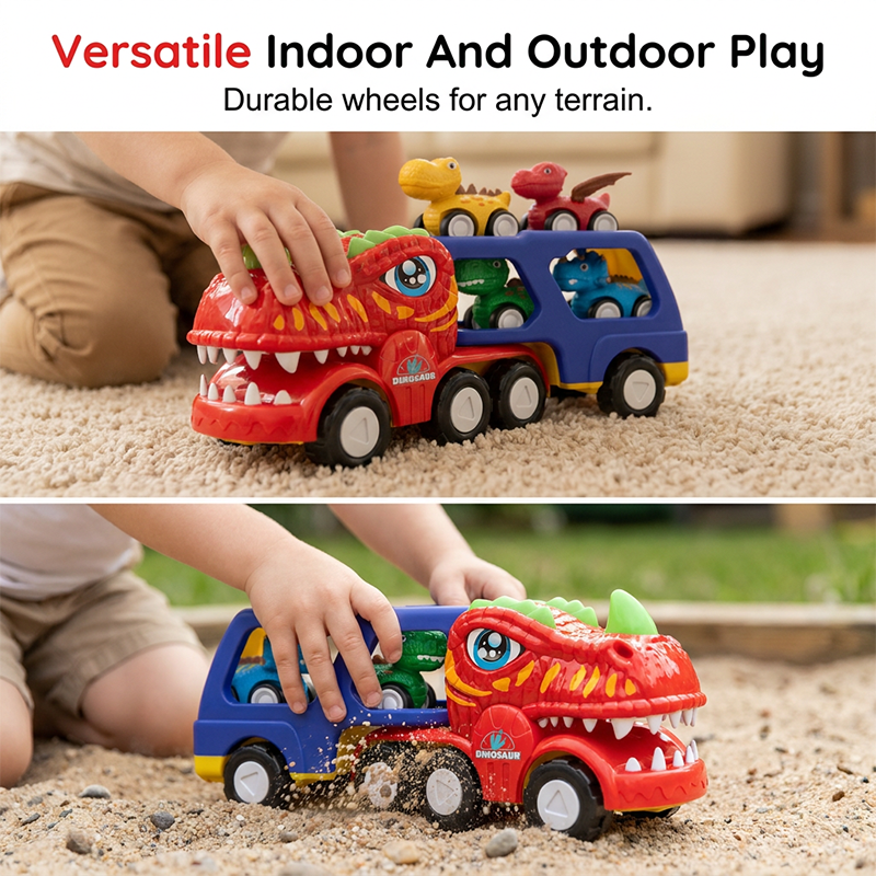 Dinosaur Transport Truck Toy with 6 Pull Back Cars Set of 3 3