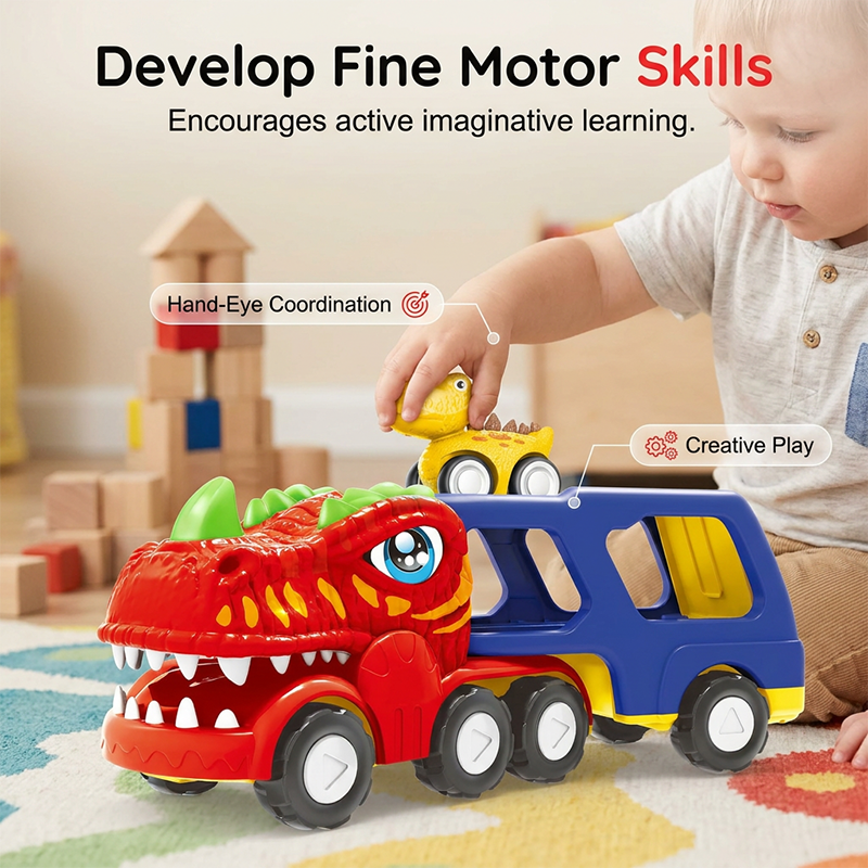 Dinosaur Transport Truck Toy with 6 Pull Back Cars Set of 3 4