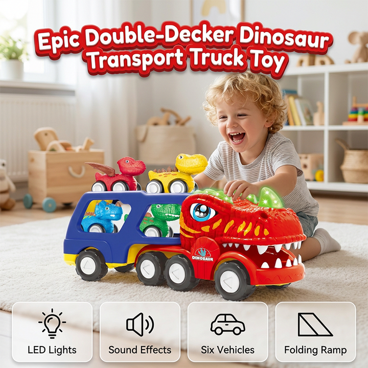 Dinosaur Transport Truck Toy with 6 Pull Back Cars Set of 3 5