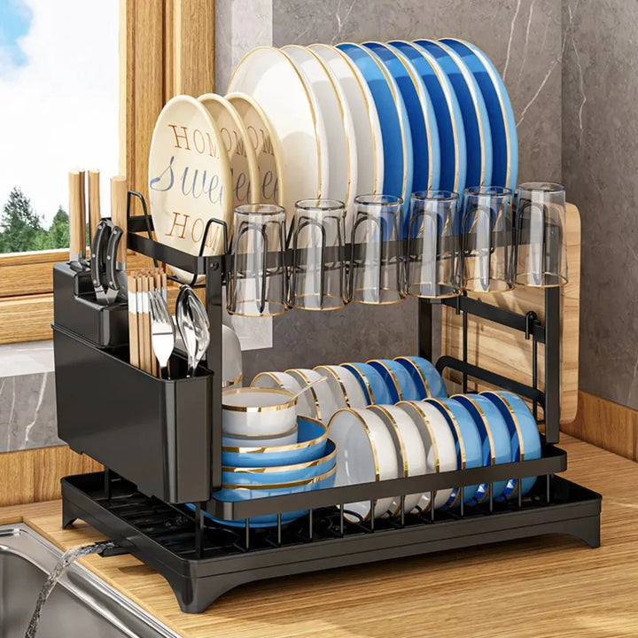 Dish Drying Rack 2 Tier with Utensil Holder and Drip Tray 1