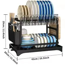 Dish Drying Rack 2 Tier with Utensil Holder and Drip Tray Black 1
