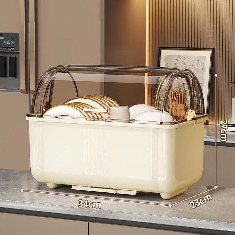 Dish Storage Box with Clear Lid and Drain Tray Set of 2 Beige 1