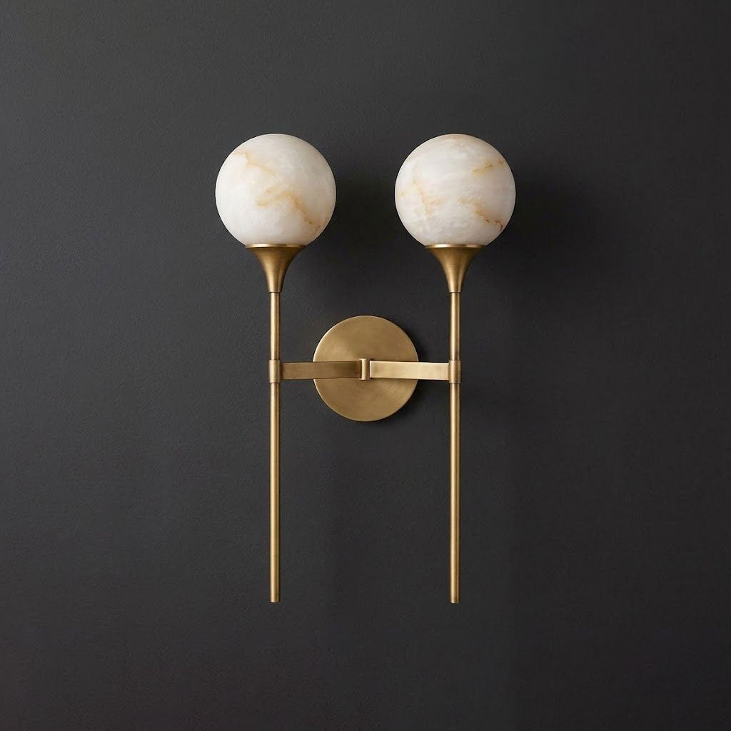 Double Alabaster Globe Wall Sconce Torch Stems 19 in Set of 2 Brass 1