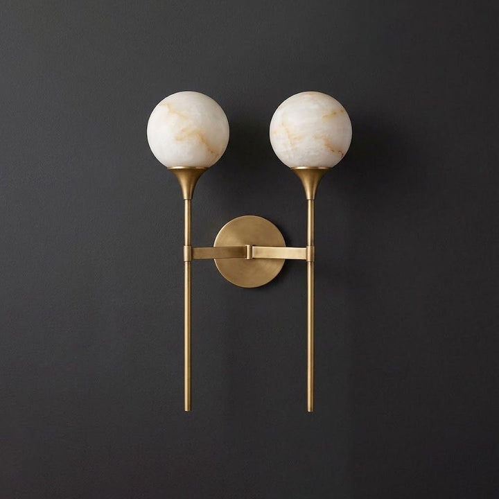 Double Alabaster Globe Wall Sconce Torch Stems 19 in Set of 2 Brass 1