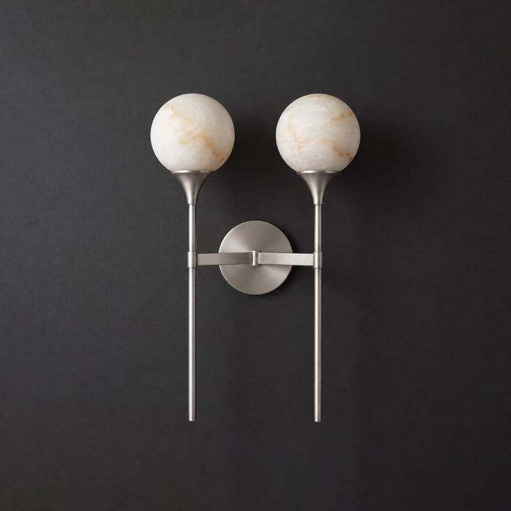 Double Alabaster Globe Wall Sconce Torch Stems 19 in Set of 2 Brushed Nickel 1