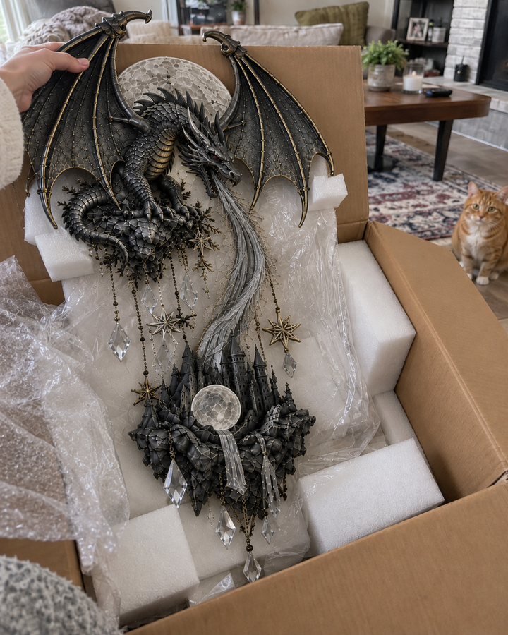 Dragon and Moon Wall Lamp Fantasy Castle Sculpture Set of 2 1