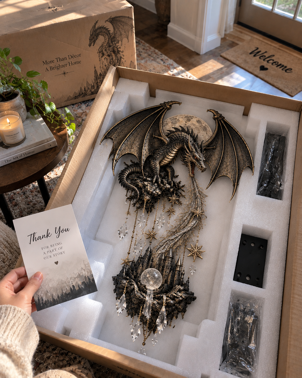 Dragon and Moon Wall Lamp Fantasy Castle Sculpture Set of 2 2