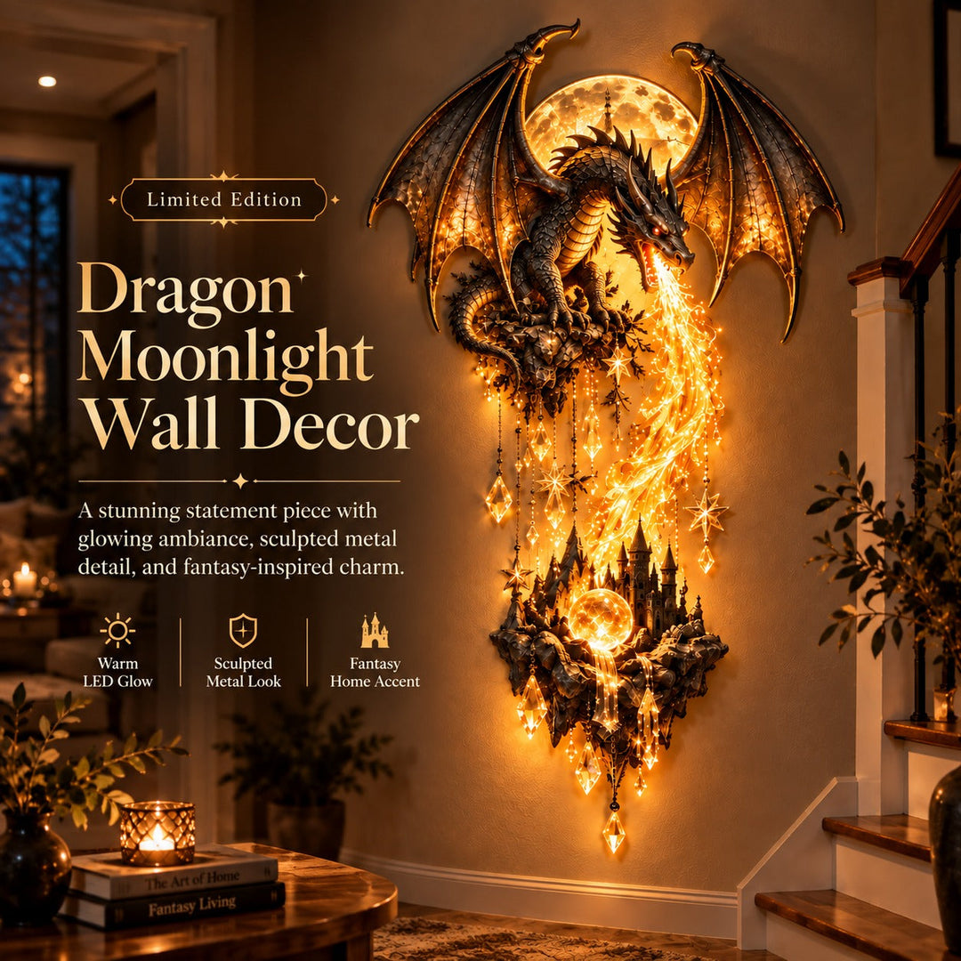 Dragon and Moon Wall Lamp Fantasy Castle Sculpture Set of 2 3