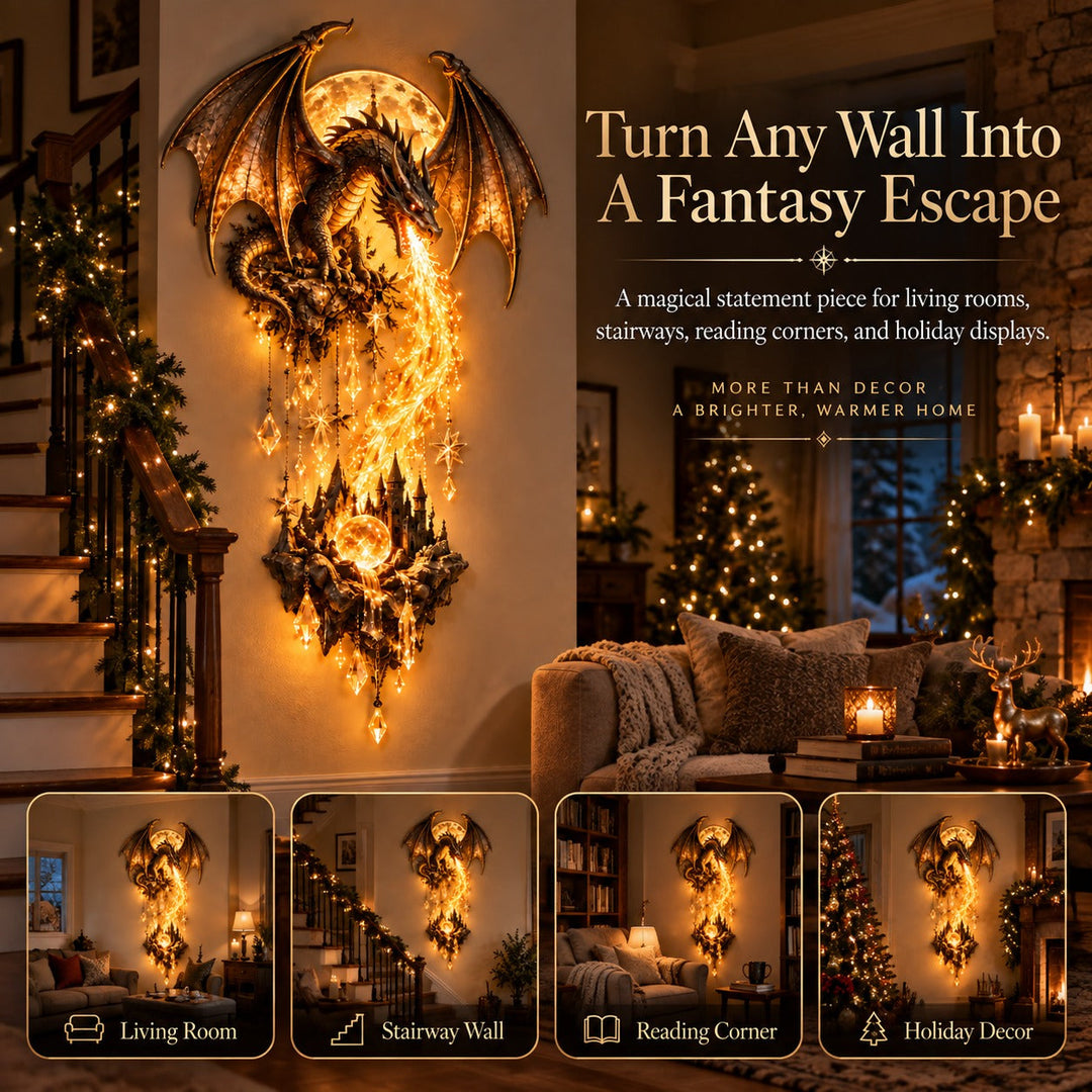 Dragon and Moon Wall Lamp Fantasy Castle Sculpture Set of 2 5