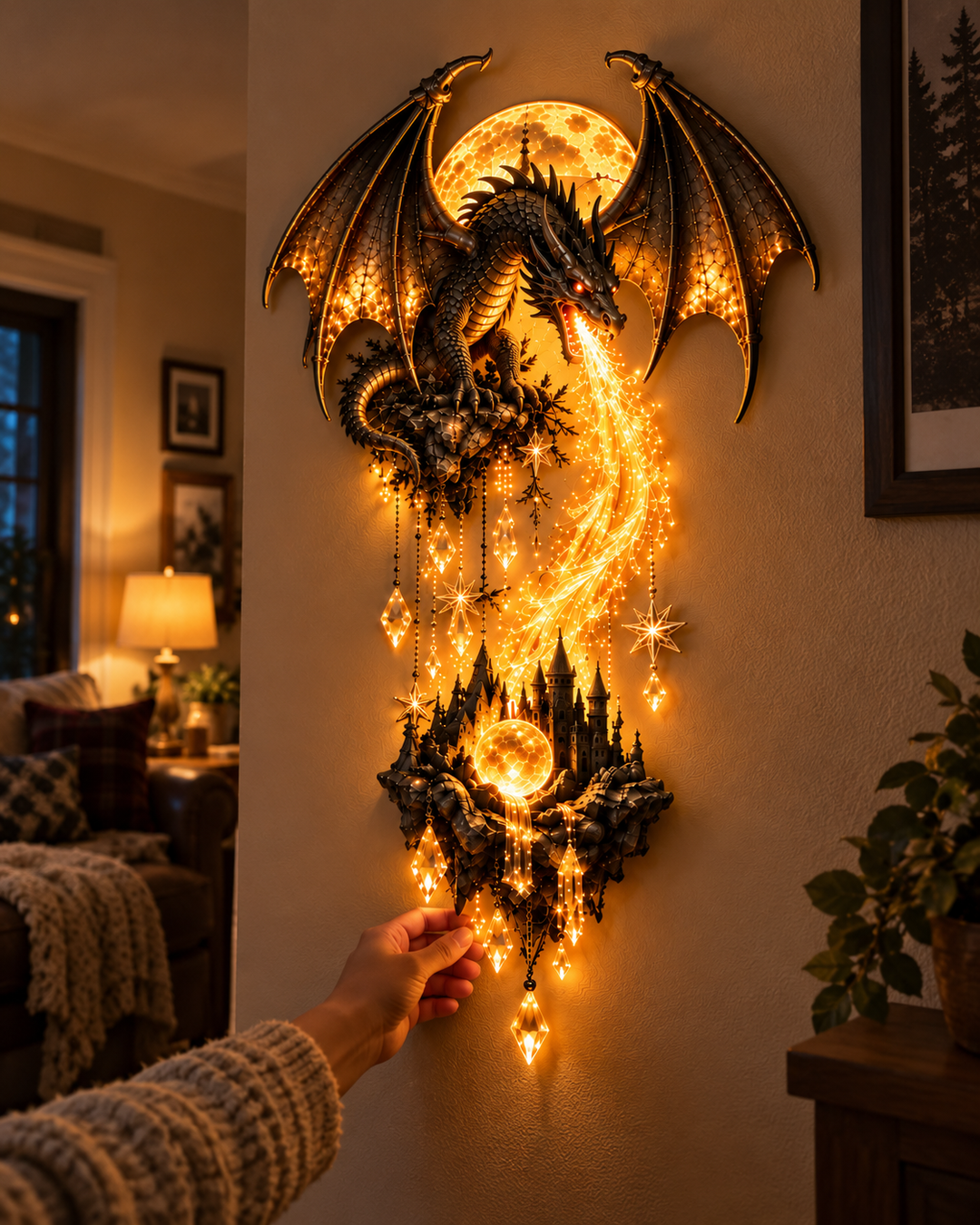 Dragon and Moon Wall Lamp Fantasy Castle Sculpture Set of 2 6