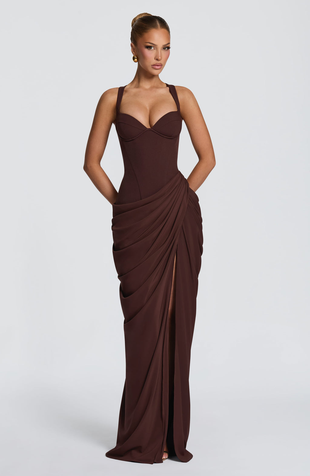 Draped Corset Bodice Maxi Dress Side Slit Brown 1