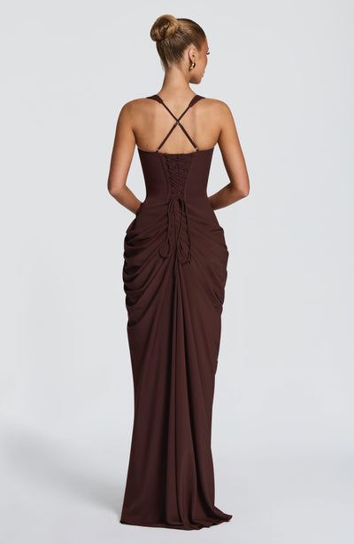 Draped Corset Bodice Maxi Dress Side Slit Brown 2