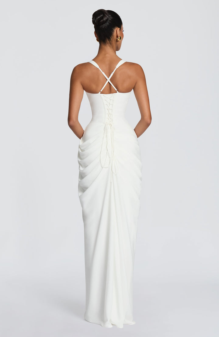 Draped Corset Bodice Maxi Dress Side Slit White 1