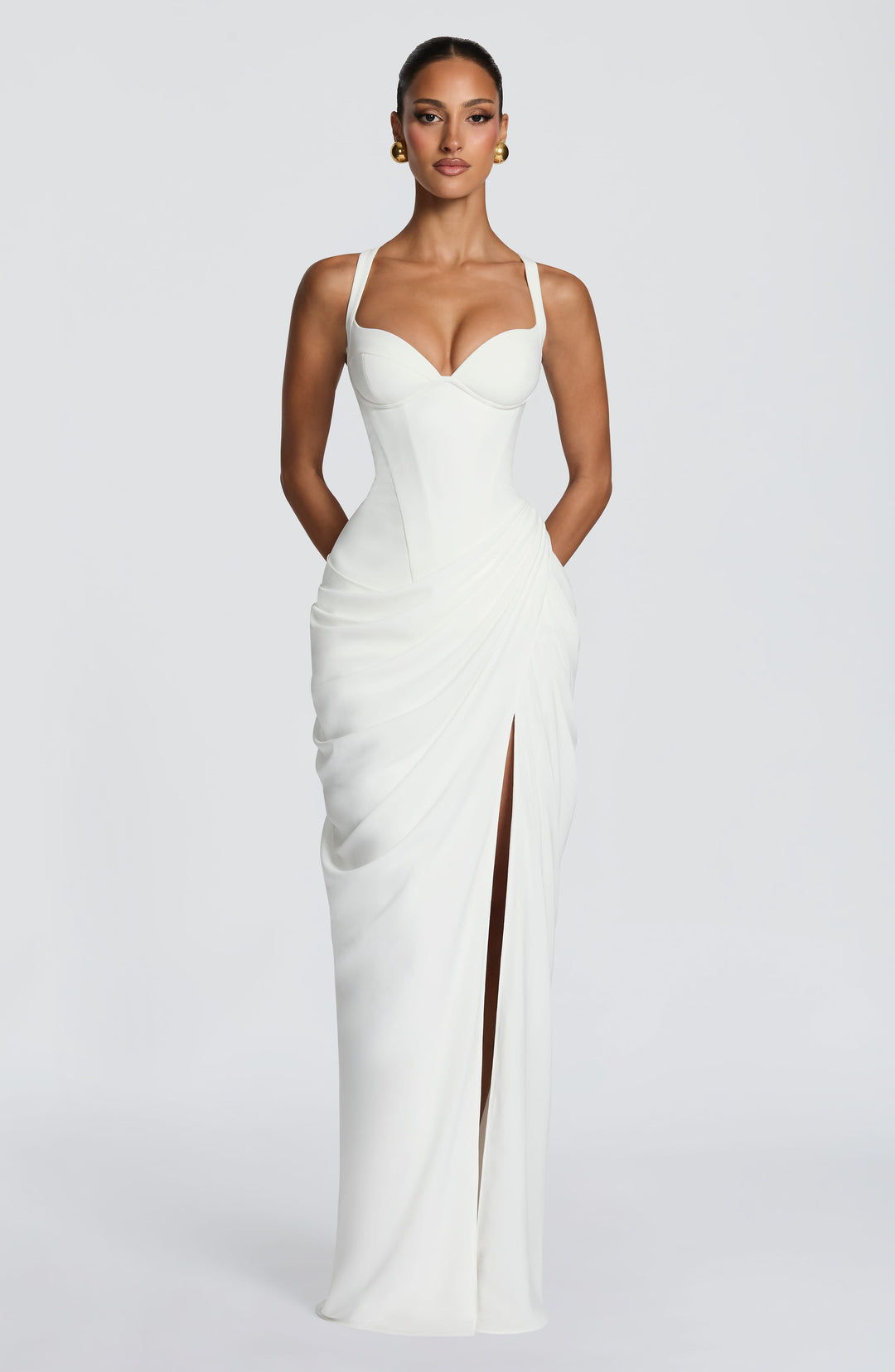 Draped Corset Bodice Maxi Dress Side Slit White 2